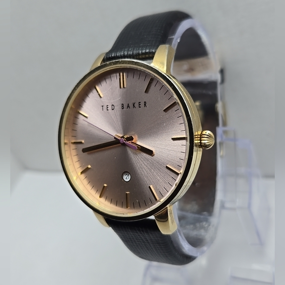 Ted Baker Kate Women's Watch Pink Date Dial Black Leather Band New Battery View 2